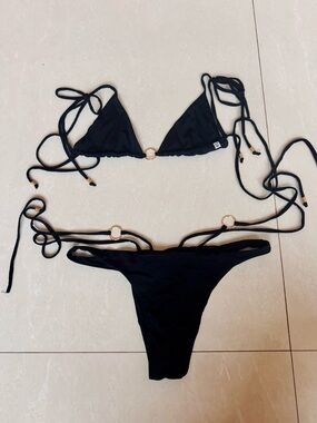 Sexy Strings Black Triangle Ring-Accent Bikini Set